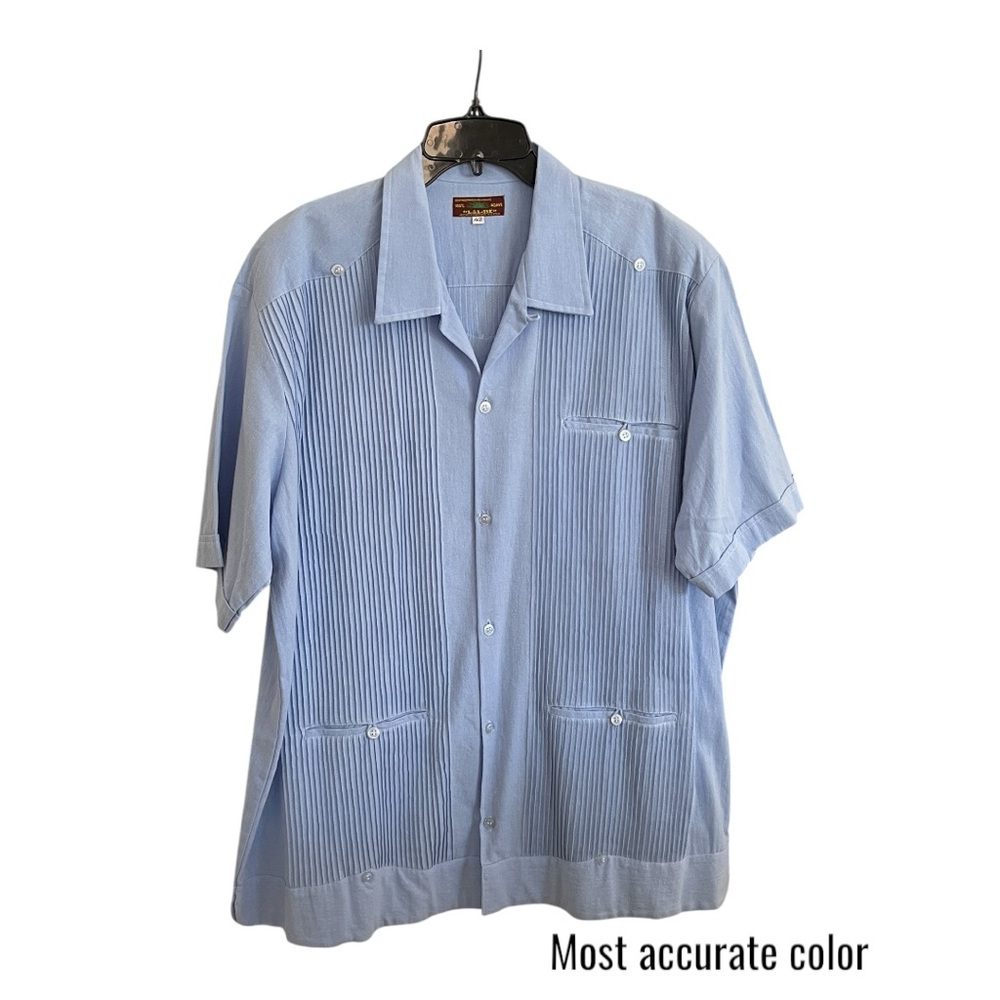 Vintage Guayabera Mens Blue Short Sleeve Button Up Shirt Size XL